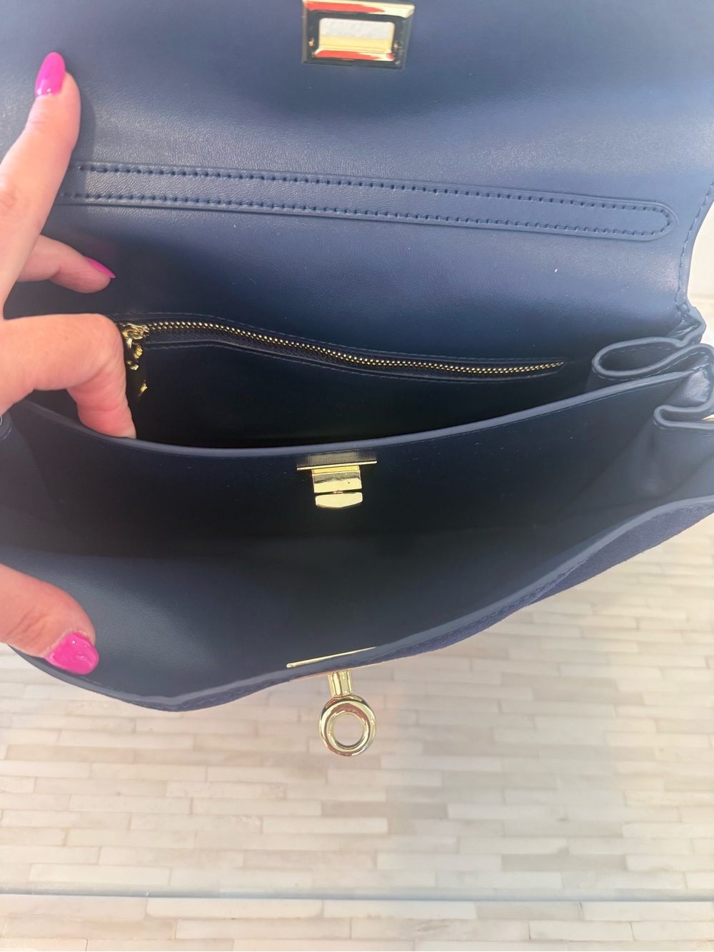 Navy Suede Top-Handle Satchel with Gold Hardware - Picture 4 of 6